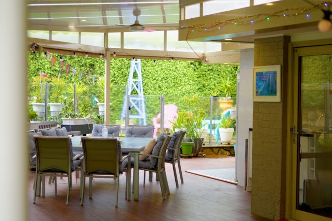 An alfresco dining area on a verandah.